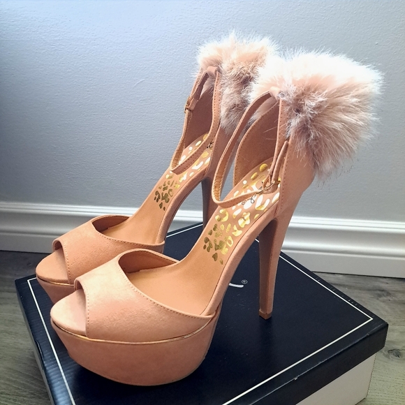 Qupid | Blush suede pu~ tan/Pinkish open toed heels with ankle strap and Pom Pom - Picture 4 of 10